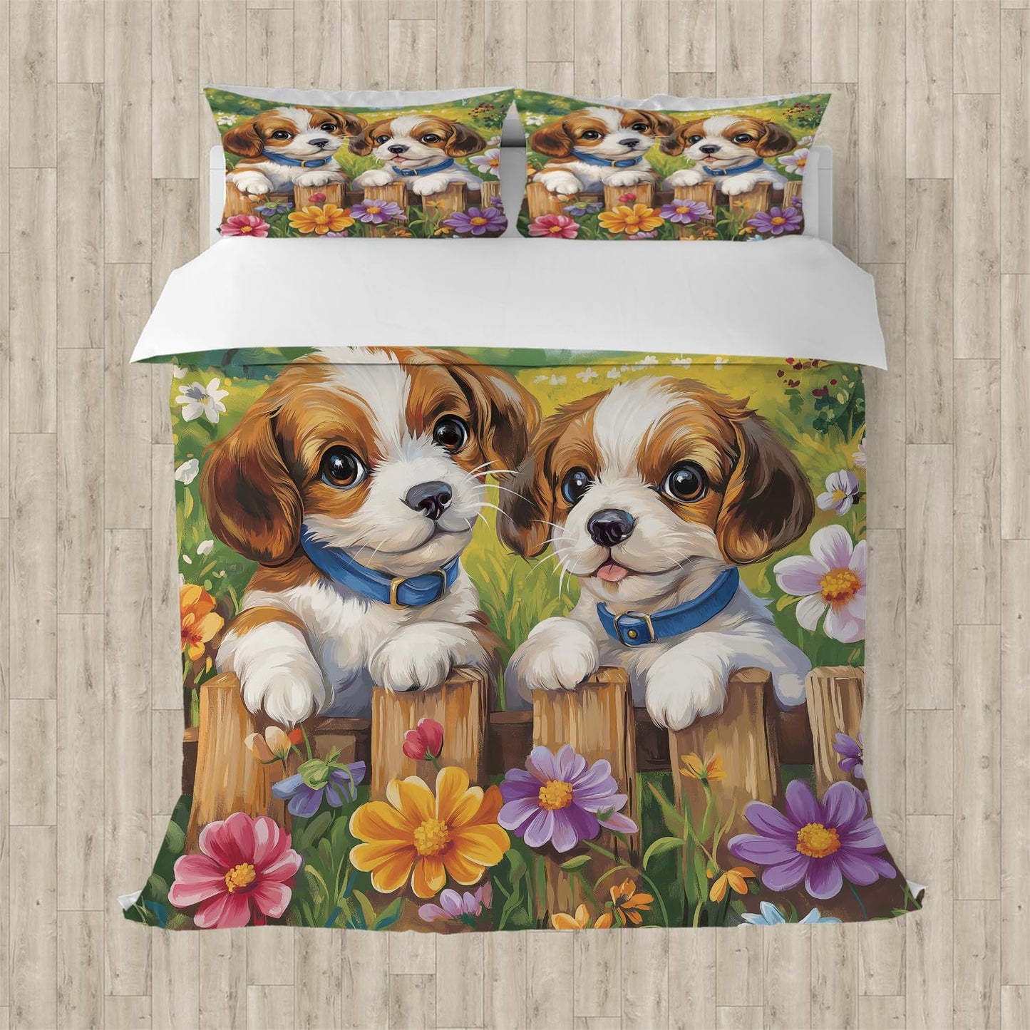 RICQLESC Cute Dog Duvet Cover and 2 Pillow, Cartoon Pet Pug Dog Bulldog Rustic Farmhouse Floral Animal Puppy Comforter Set, Kids Boys Girls Bedding 3 Pieces, King Size 104x90 inch