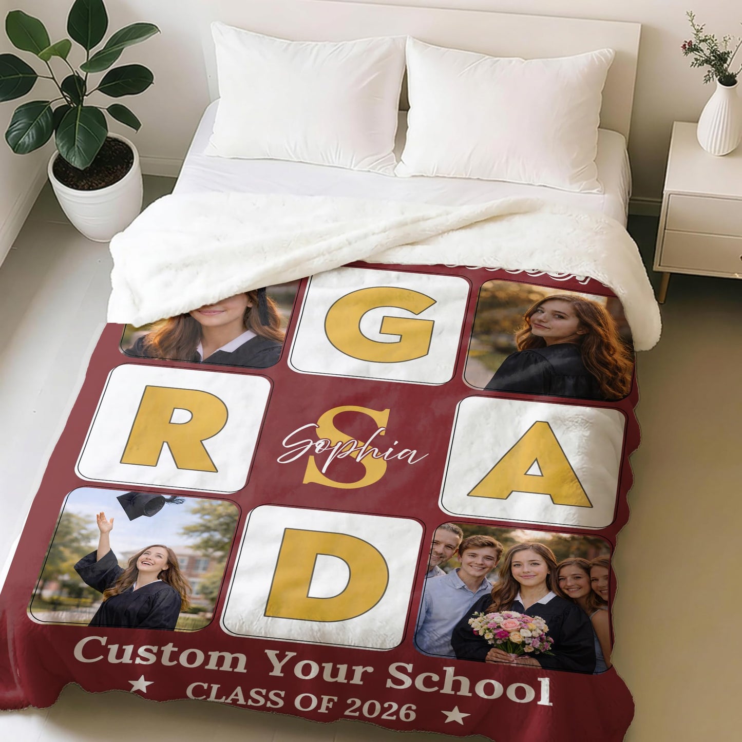 Ipplee Personalized Graduation Blanket with 4 Photos Custom Class of 2026 Flannel Throw Blanket with Name-Grad Photo Collage Blanket, Senior Graduation Gifts for Student Her Him High School College