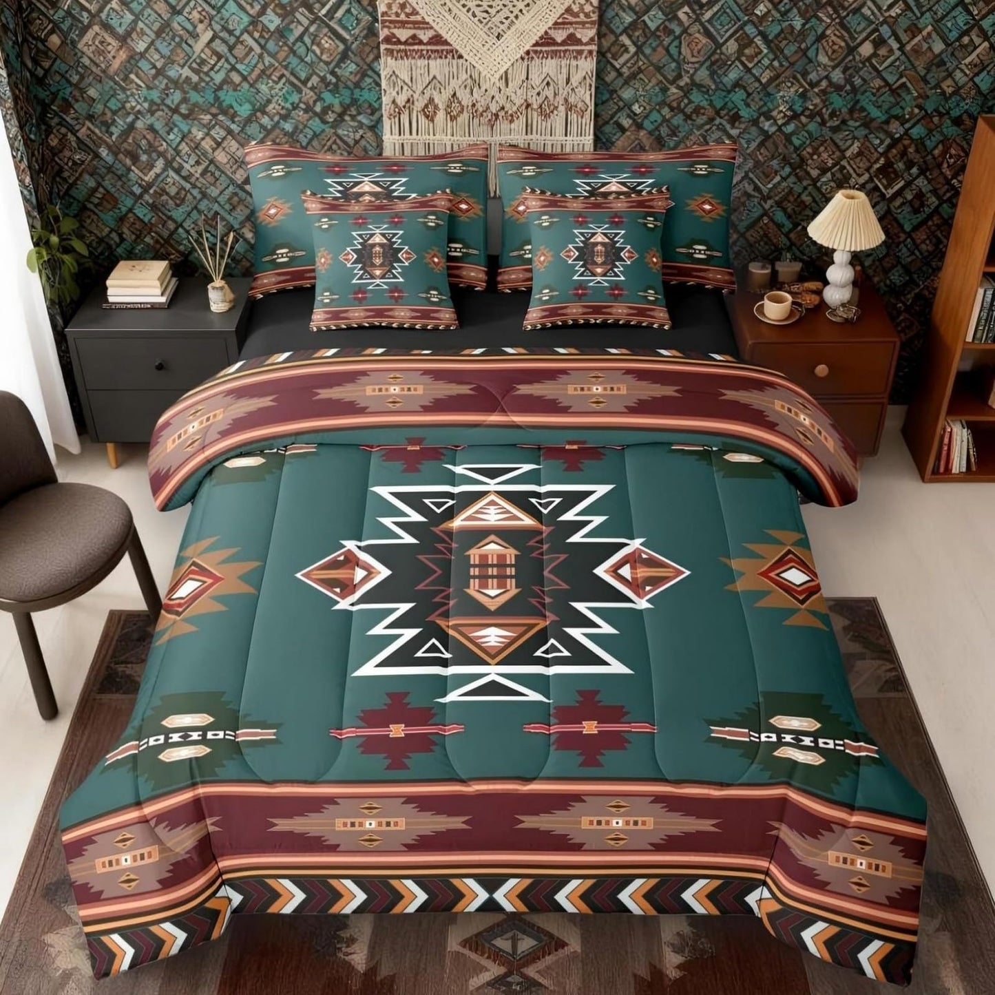 Erosebridal Western Twin Comforter Set with Sheets | Southwestern Decor Geometric 7-Piece Bedding Set Farmhouse Aztec Bed in a Bag, Stripes Diamond Triangle Bed Sets,Green