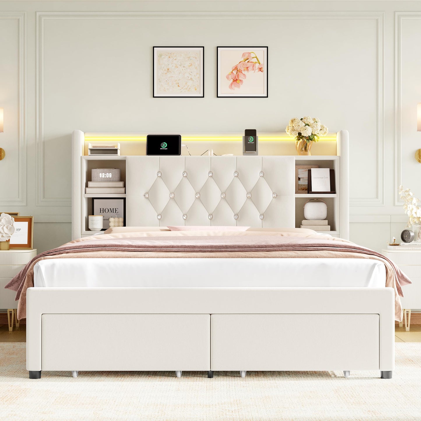 Full Bed Frame with Drawers, Hidden-Cubby & Shelves Storage Headboard with Charging Station and LED Lights, Velvet Upholstered Platform Bed Solid Wooden Slats Support No Box Spring Needed, Beige