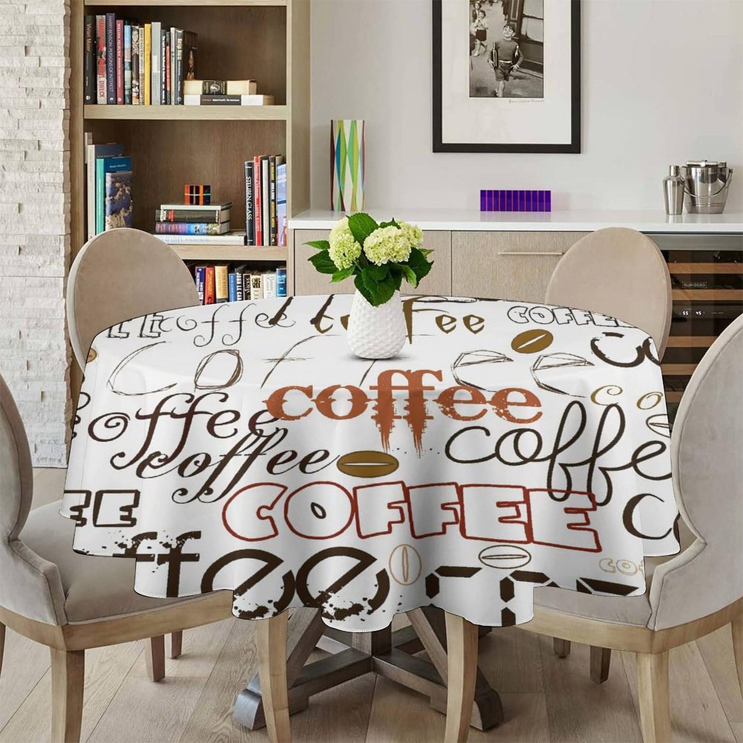 GoDazzling Coffee Kitchen Round Tablecloth, Coffee Theme Farmhouse Cafe Modern Tablecloth for Home Party Dining Room Kitchen Decor 36Inch(90cm)