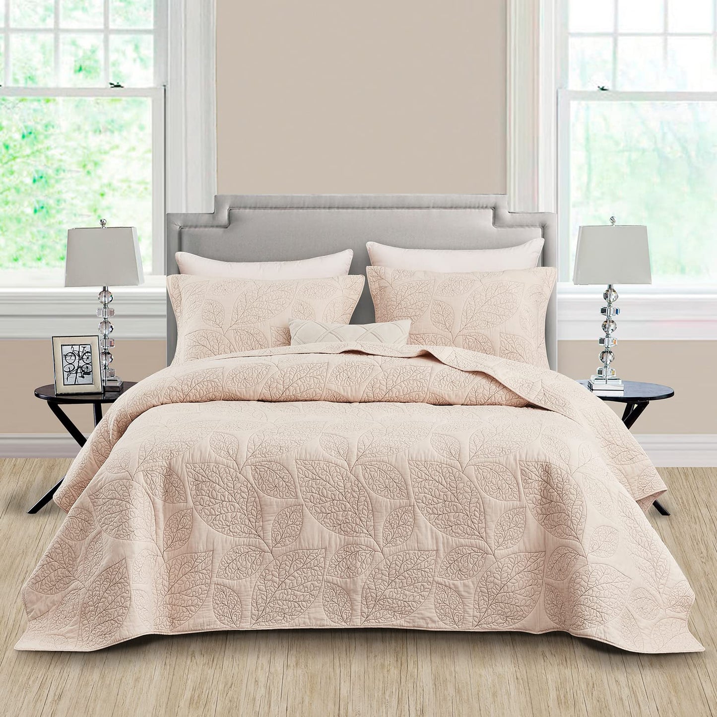 CHIXIN Botanical Cotton Quilt King Size - Real Stitching Leaf Pattern - Quilted Bedspread Coverlet Set, Ultra Soft, Lightweight, Reversible, 3 Piece, Oatmeal