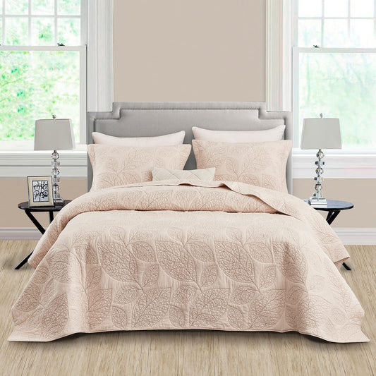 CHIXIN Botanical Cotton Quilt King Size - Real Stitching Leaf Pattern - Quilted Bedspread Coverlet Set, Ultra Soft, Lightweight, Reversible, 3 Piece, Oatmeal