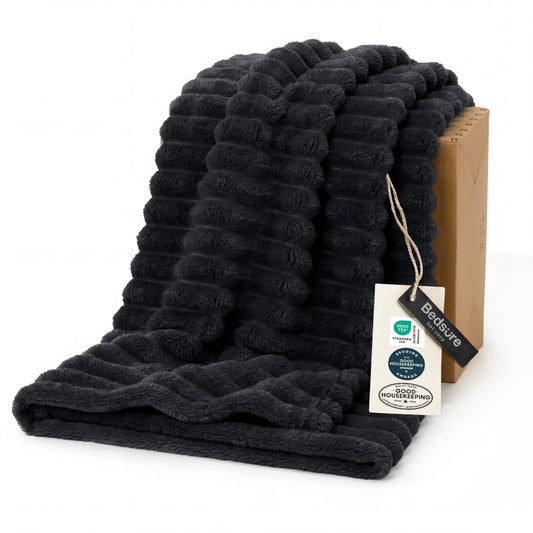 Bedsure GentleSoft Twin Blanket for Bed - Portable Camping Blanket for Outdoor Travel, Cozy Soft Cute Small Fleece Throws for Women Men, Black, 60x80 Inches