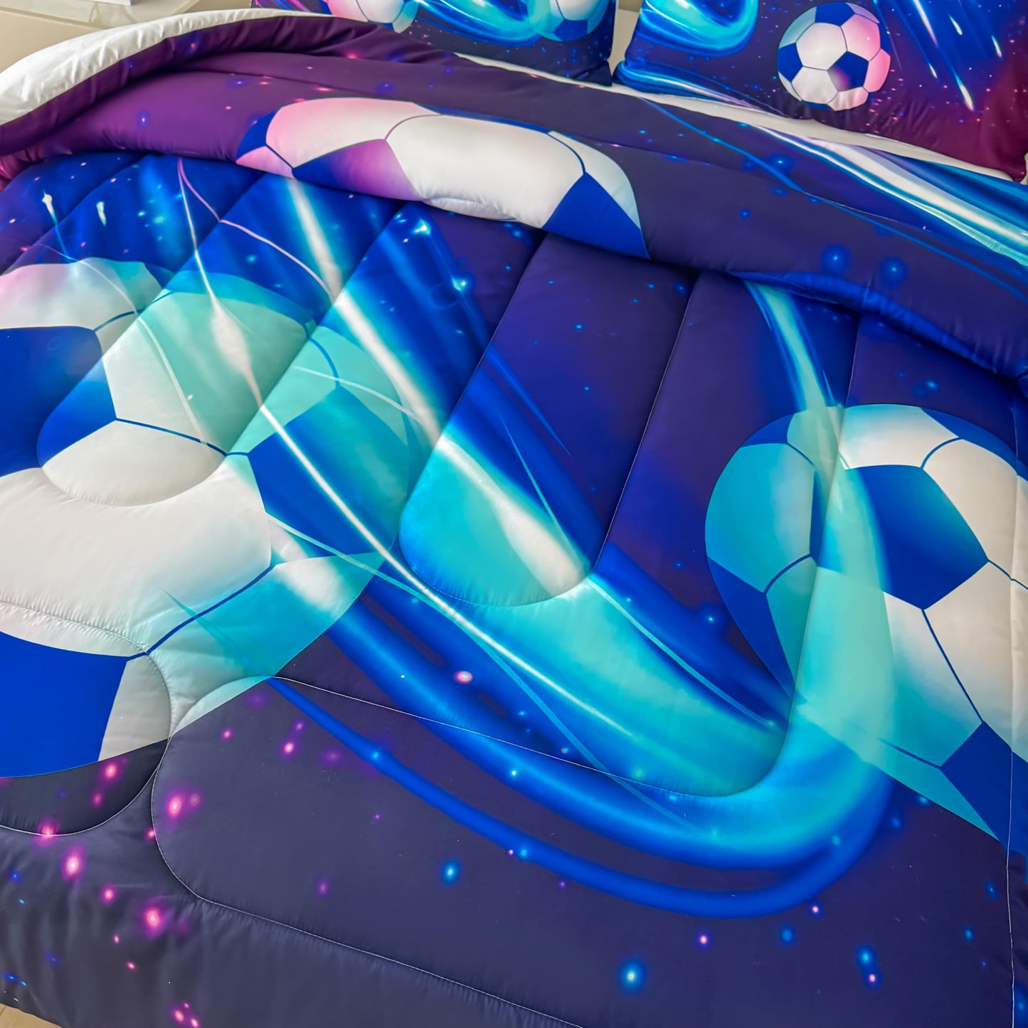 Peopleareok Soccer Comforter Set Twin (68x86 Inch), Purple Blue Soccer Theme Comforter, Sports Soccer Bedding, 2 Pieces Soft Microfiber Football Bedding Set for Boys Kids with 1 Pillowcases