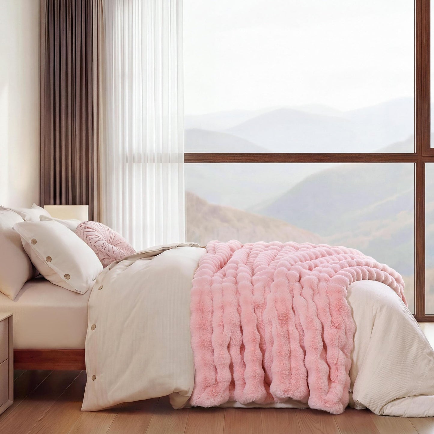 YIKUSH Faux Fur Throw Blanket for Couch, Blush Pink Fluffy Cozy Rabbit Bubble Fleece Blanket, Soft Fuzzy Blanket for Sofa & Bed, Warm Plush Thick Home Room Decor Throw 50" x 60"-1100GSM