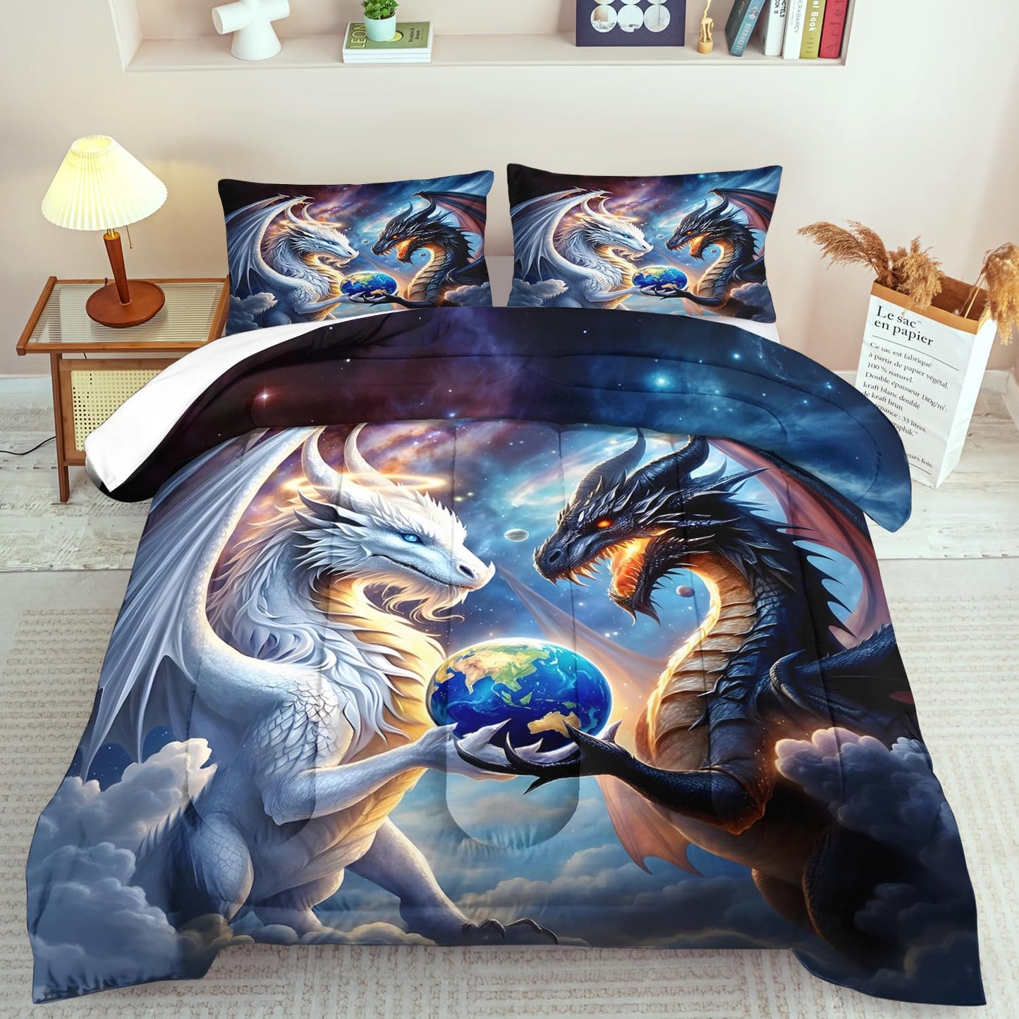 llyxsesty Black White Dragon Comforter Set King Boys Flame Ancient Mysterious Creatures Fantasy Dragon Bedding Set Boys GirlsWhite and Black Comforter King Size Animals Quilt Room Decor