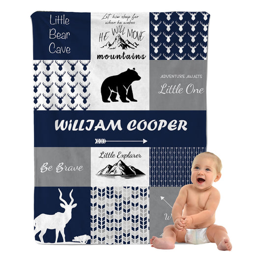 Personalized Baby Blankets for Boys, Custom Woodland Kids Blanket with Name, Soft Throw Receiving Blankets for Newborn Nursery, Customized Baby Shower Christmas Birthday Gifts