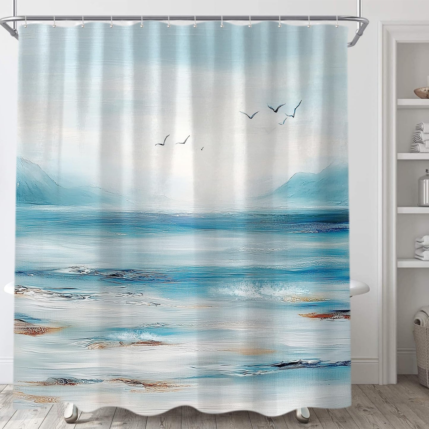 Sanzugh Ocean Beach Shower Curtain, Summer Coastal Abstract Blue Teal Beachy Themed Fabric Shower Curtains Set for Bathroom Decorative with Hooks 72 X 72 Inch Tropical Hawaii Sea Wave Bath Decor
