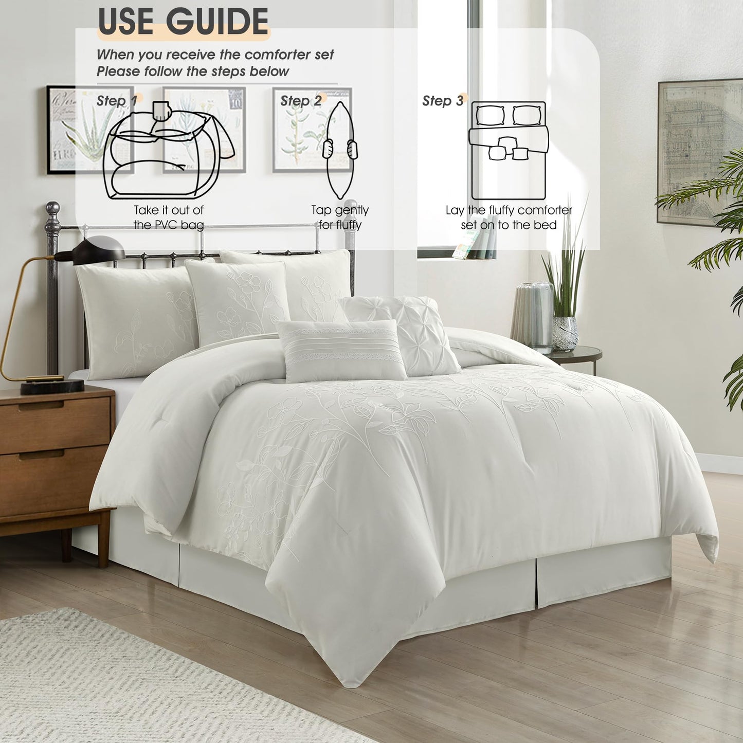 LANCO MODERN LIFESTYLE Blue Queen Comforter Set, Chain Stiching 3D Floral Embroidery, Exquisite and Elegant Bedding Sets, 7 Pieces Bed in a Bag, Bedskirt, Pillow Shams and Decor Pillows