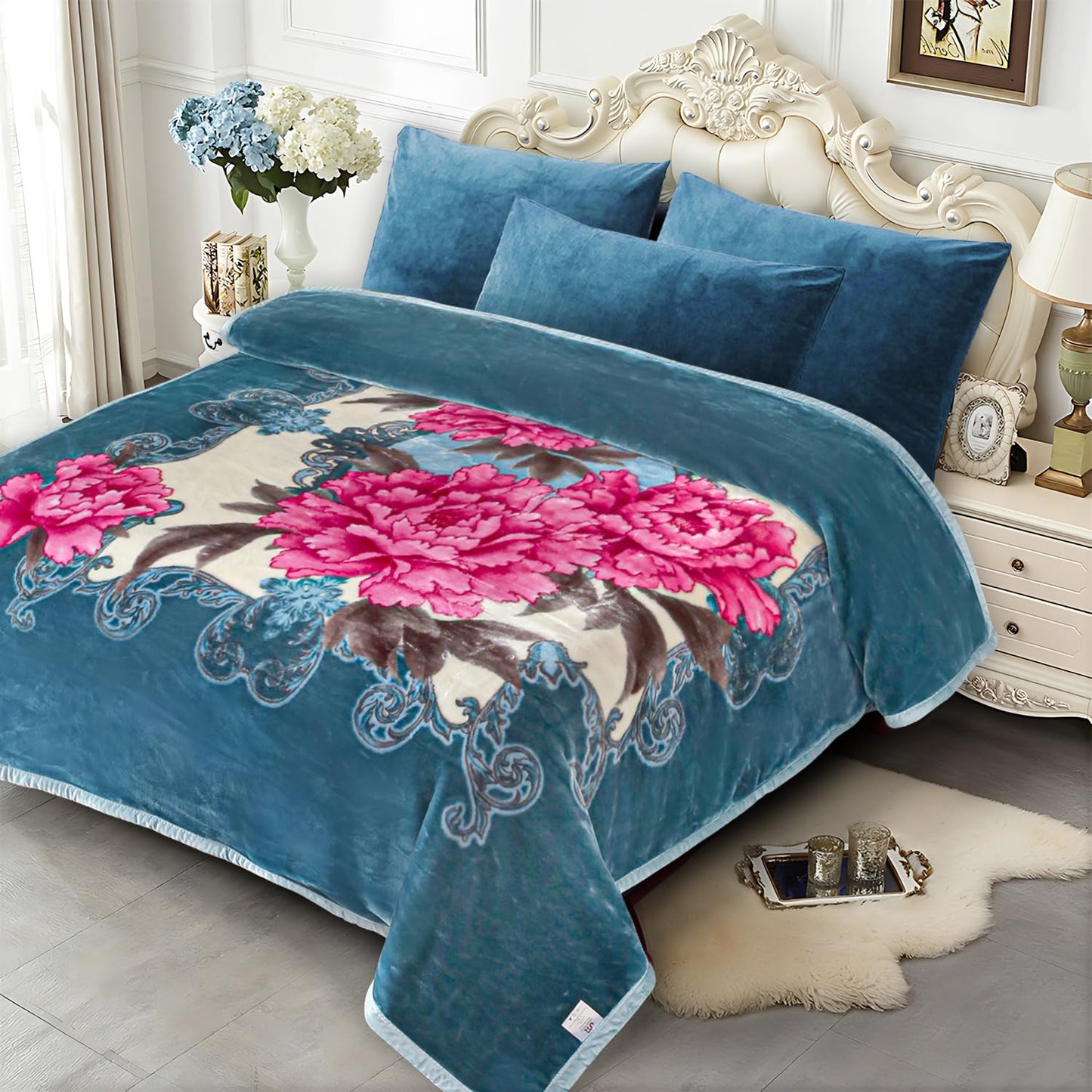 JYK Korean Mink Fleece Flannel Blanket Queen Size 75" x 87", 5 Pounds - 2 Ply Reversible Silky Soft Plush Warm, Comfy Blanket for Autumn, Winter - Blue/Peony