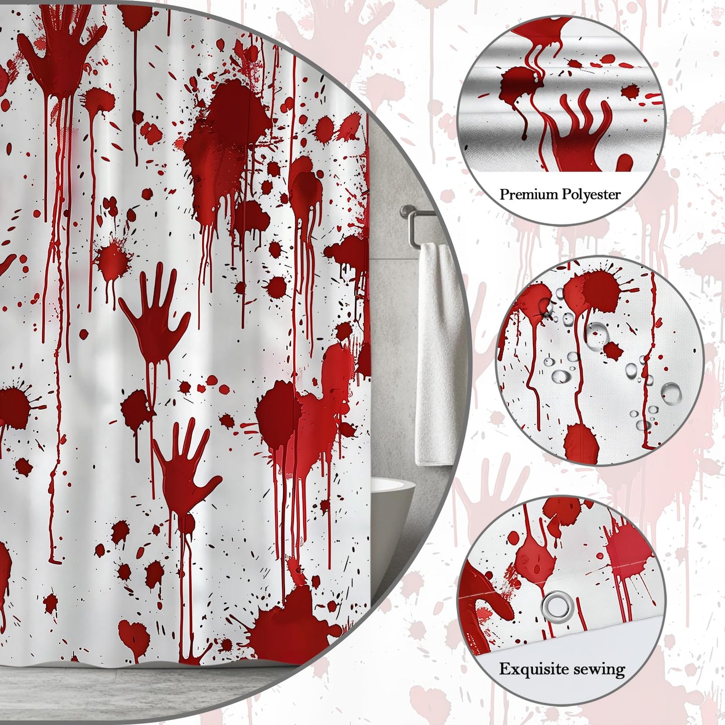HWSSHW Bloody Halloween Shower Curtain Scary Horror Blood Handprint Red Splash Gothic Spooky Mysterious Terror Fabric Bathroom Decor Bath Curtain with Hooks