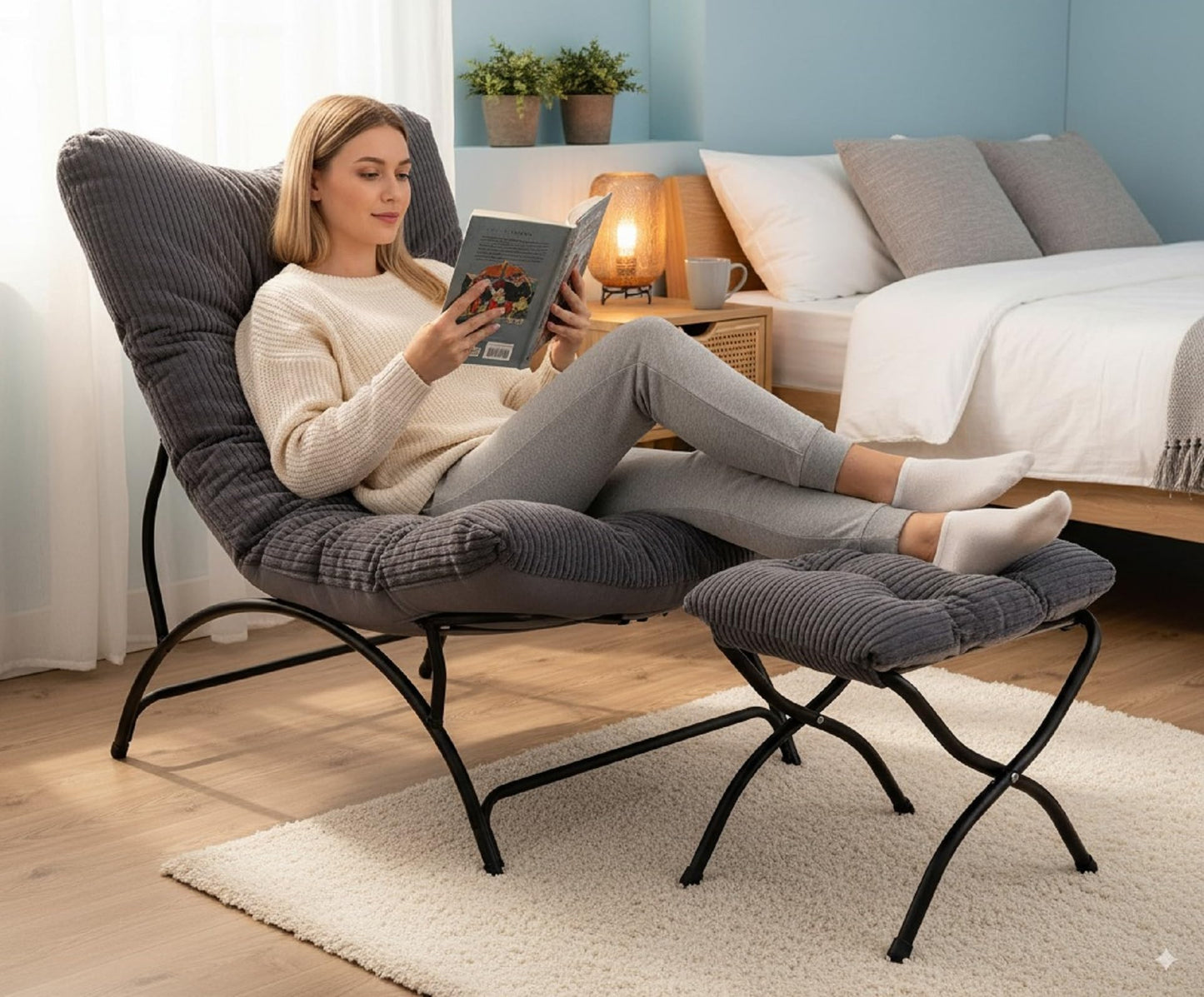 Welnow Modern Accent Chair with Ottoman, Upholstered Comfy Lounge Recliner Sofa, Thick Cushion Oversized Lazy Reading Chair with Footrest for Living Room, Bedroom, Apartment, Office, Dorm, Dark Grey