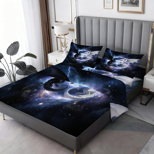 VTKON Black and White Dragon Fitted Sheet Twin Size, Galaxy Dragon Bed Sheet 3Pcs for Boys Kids, Starry Animal Pattern Fitted Sheet Soft Microfiber for Bedroom Decor