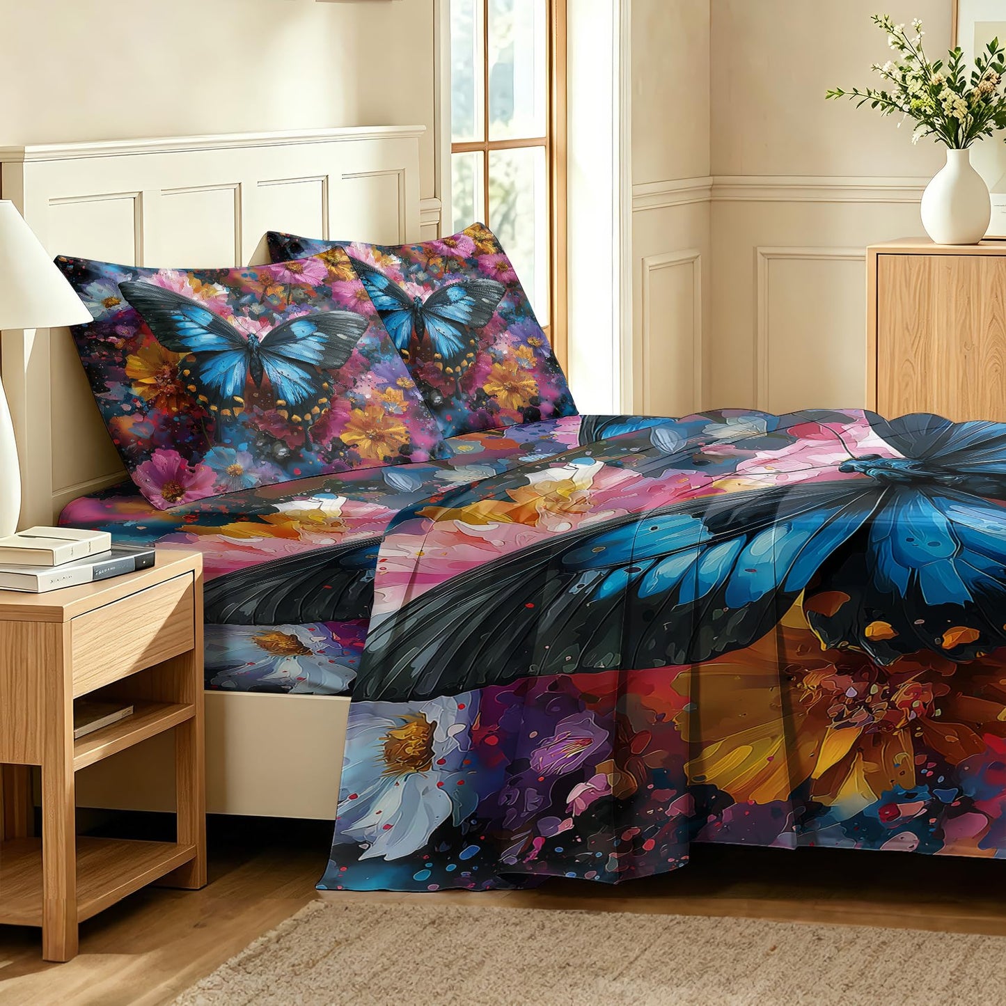 Blue Butterfly Queen Sheet Set Girls Floral Flat Fitted Sheet Sets