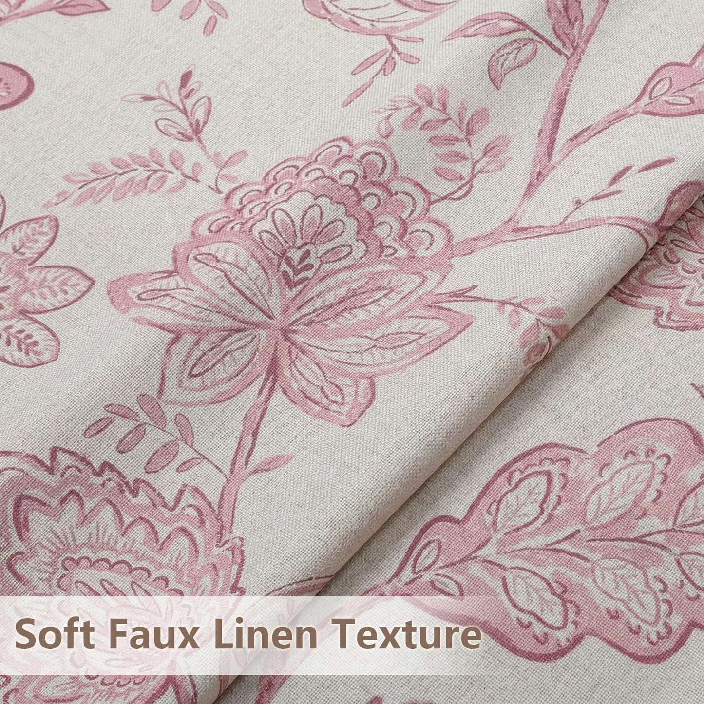 Ebesto Floral Curtains 63 Inch Length - Light Filtering Faux Linen Flower Printed Window Curtains for Bedroom, Rod Pocket No-See Through Privacy Drapes, 2 Panels, Each 40Wx63L Inches, Blush Pink