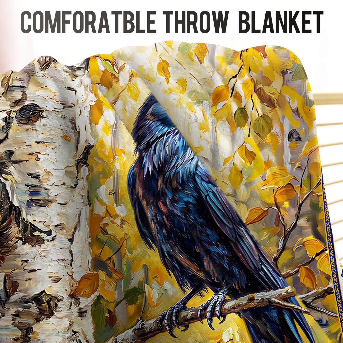 LevensWoodland Oil Painting Autumn Raven Flannel Throw Blanket 50x60 | Soft Lightweight Cozy Decorative Blanket for Gift, Living Room, Couch, Dorm, Office, Car, Camping, Nap