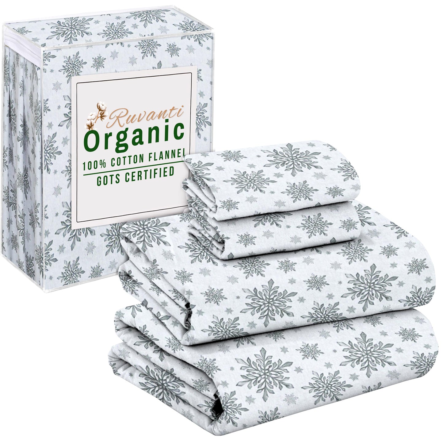 RUVANTI Flannel Sheets Queen Size - GOTS Certified 100% Organic Cotton, 4 Piece Warm, Soft & Breathable Set, Deep Pocket Snug Fit, Double Brushed Cozy All Season Bedding, Crystal Noir