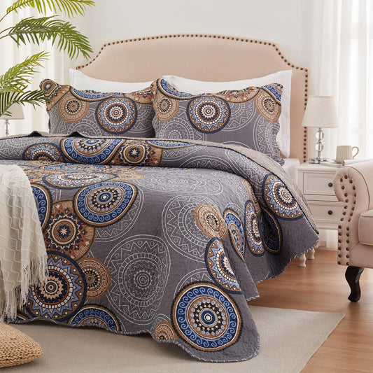 3 Pieces Full/Queen Size Quilt Set Lightweight Summer Bedspread 90''x98'' Soft Microfiber Floral Coverlet Luxurious Warm Bed Cover for All Seasons Vintage Gray Bedding Set (1 Quilt, 2 Pillow Shams)