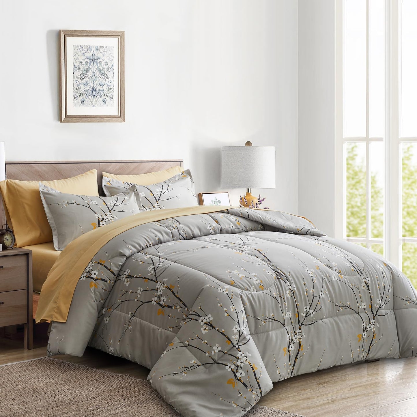 Gray Comforter Sheet Set Bed in a Bag 6 Pieces Twin Size Tree Branch Bloom Flower Spring Summer Bedding Set (1 Comforter 2 Pillow Shams 1 Tan Flat Sheet 1 Fitted Sheet 1 Pillowcases)