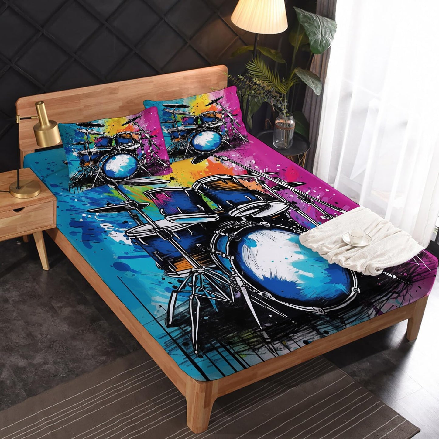 Drum Kit Sheets King Size - Colorful Graffiti Bed Sheets, Soft Microfiber & Deep Pocket & Wrinkle Free Patterned Bedding Sheets & Pillowcases, 4 Piece ( 1 Fitted Sheet, 1 Flat Sheet, 2 Pillow Cases )