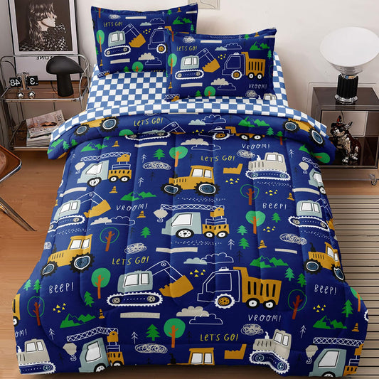 Leaflin Boys Bedding Set Twin Size, 5 Pcs Cartoon Truck Comforter, Blue