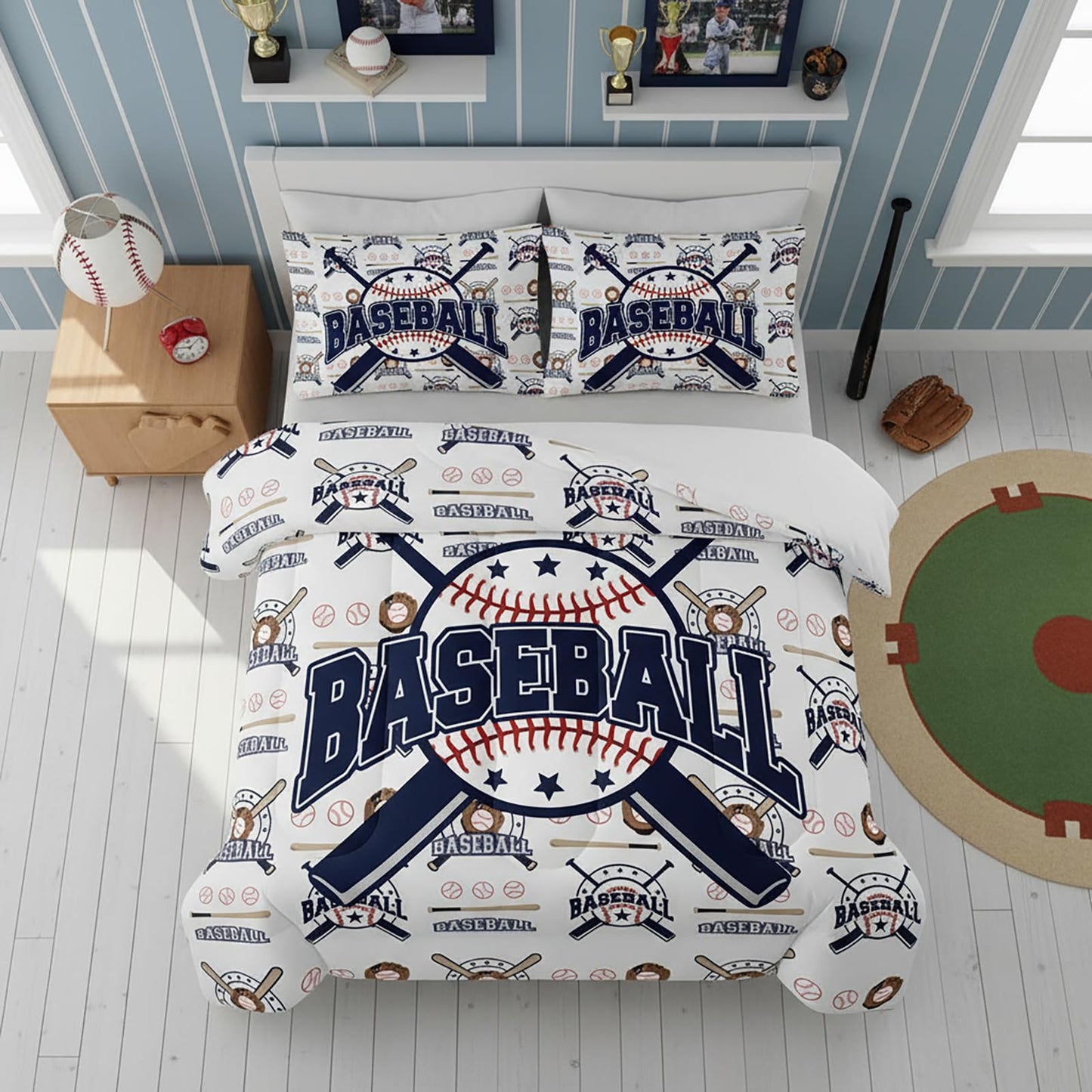 QOOMO 3Pcs Baseball Comforter Set Twin,Sports Bedding Set for Teens Boys Girls,Ball Printed Comforter with 2 Pillowcases,Down Alternative,Soft and Lightweight