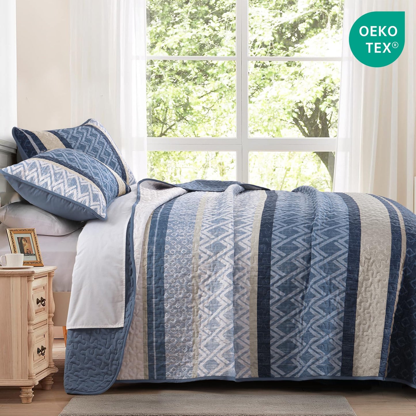 Dinjoy Boho Queen Quilt Set, Blue Striped Bedspread Queen Size,Navy Blue Bedding Sets 3 Pieces Micofiber Lightweight Fall Quilts with 2 Pillow Shams Coverlet Bed Sets for Women Men 96''x90''