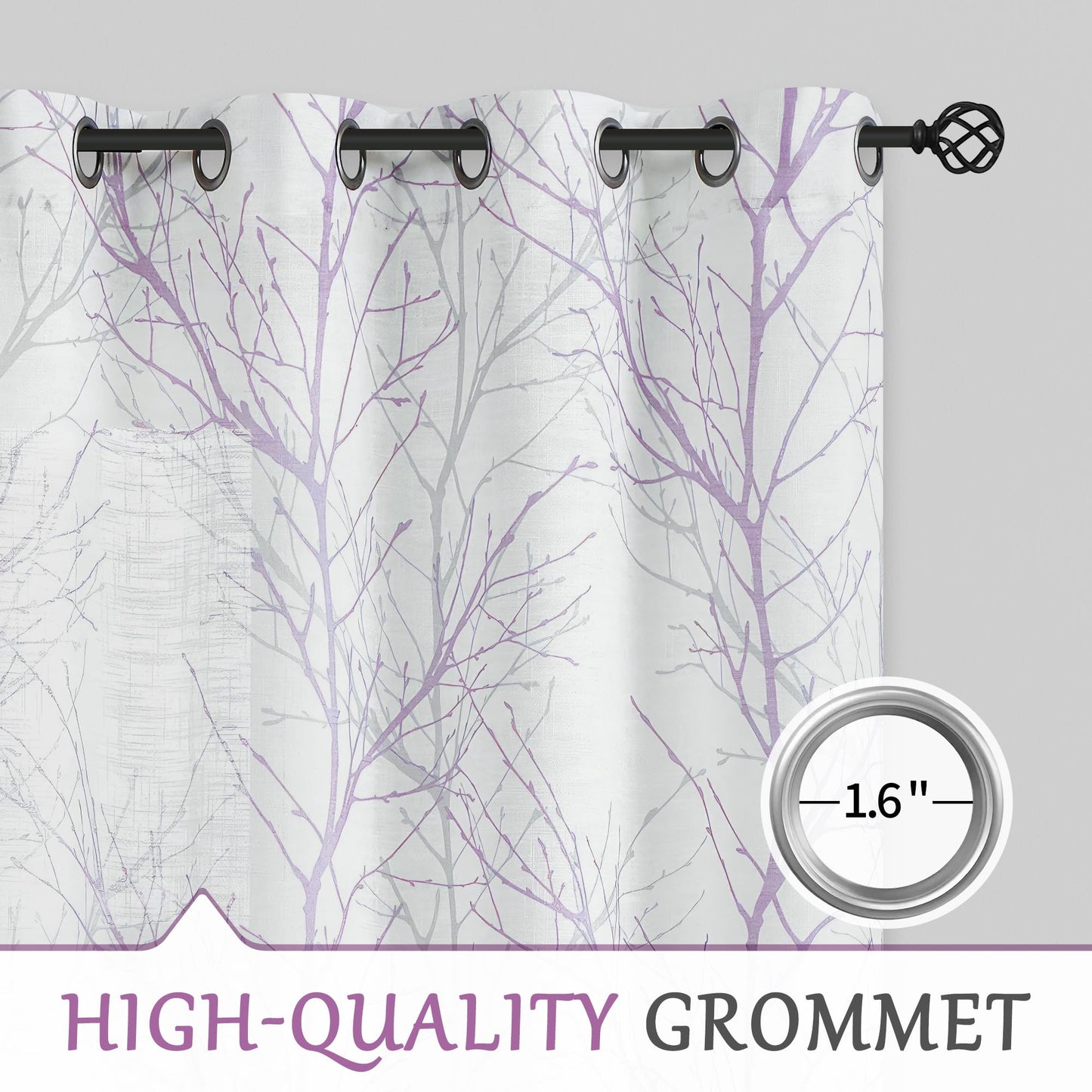 FMFUNCTEX Linen Semi Sheer Curtains for Bedroom, Lilac White Curtains 84 Inches Long for Living Room, Grey Tree Branch Patterned Curtain Light Filtering Farmhouse Window Drapes, Grommet Top 2 Panels