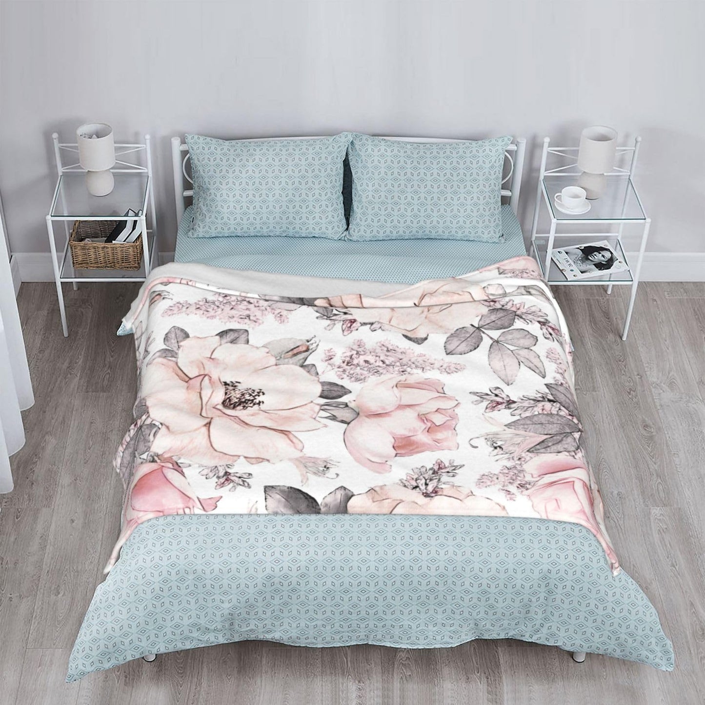Pink Flower Grey Leaves Blanket Soft Lightweight Throw Blankets Cozy Flannel Bed Throws for Sofa Couch Travel Home Room Bedroom Decor Gifts for Girls Women Adults 50"x40"
