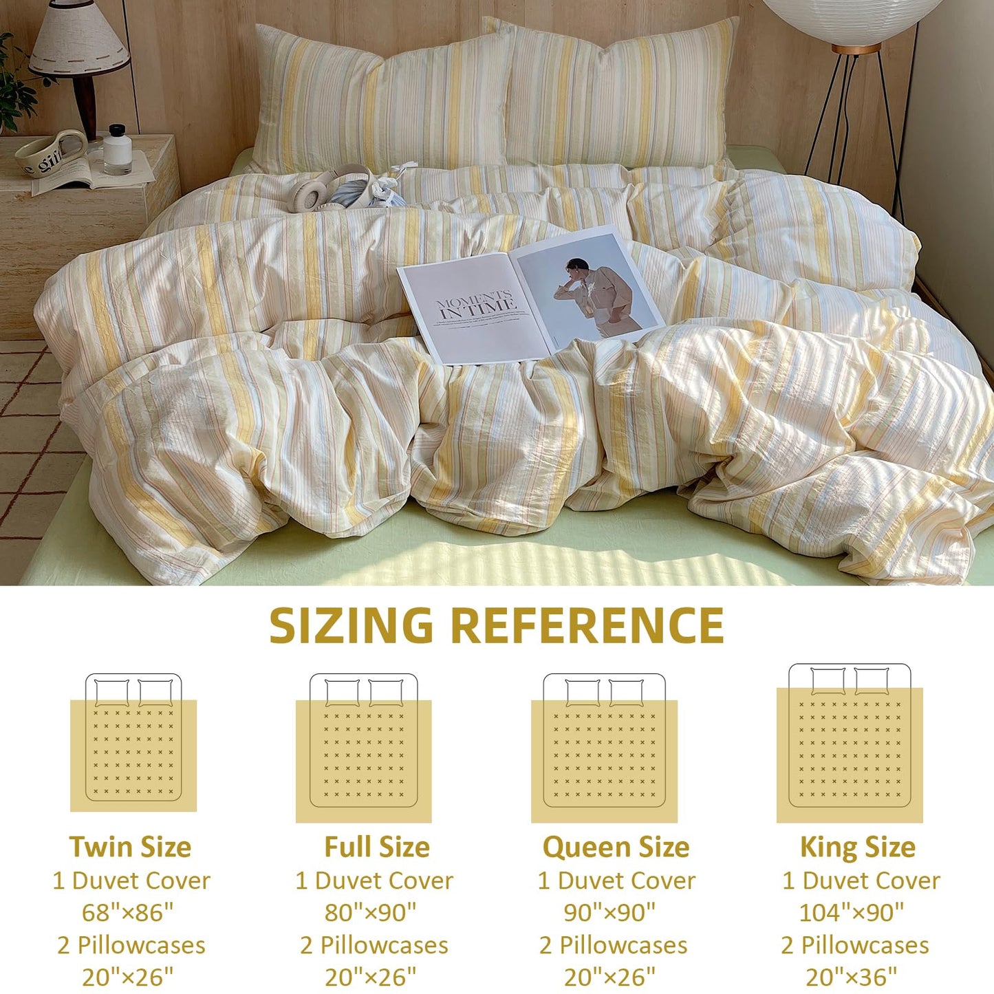 EAVD Retro Striped Duvet Cover Queen Soft Washed Cotton Colorful Wide Pinstriped Bedding Set with 2 Pillowcases Modern Farmhouse Geometric Pattern Duvet Cover with Zipper Closure