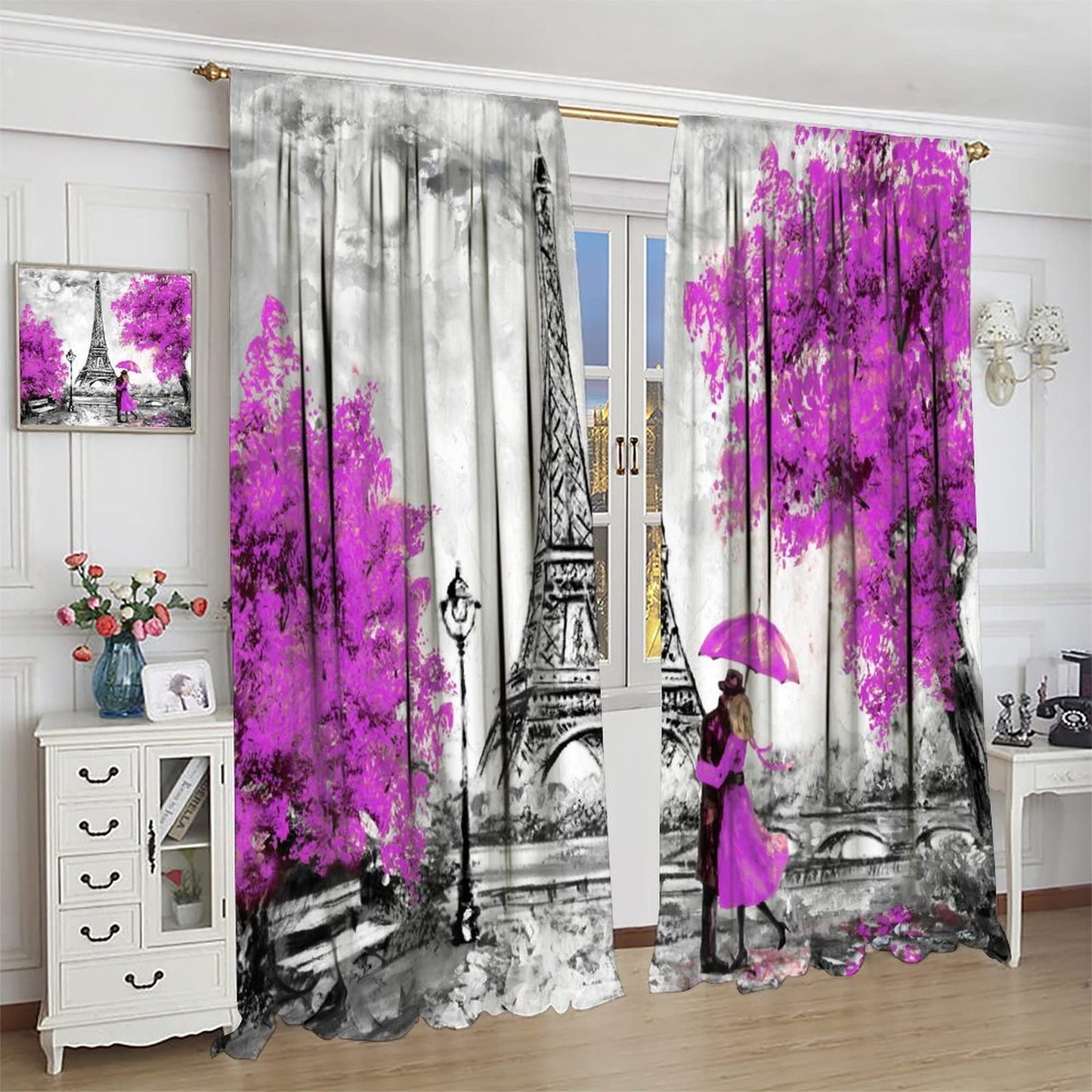 Paris Curtains,European City Landscape Oil Painting Eiffel Tower Printed Window Treatments for Bedroom Living Room Kitchen Café Window Drapes 2 Panel Set,Overall Size 42" x 45"