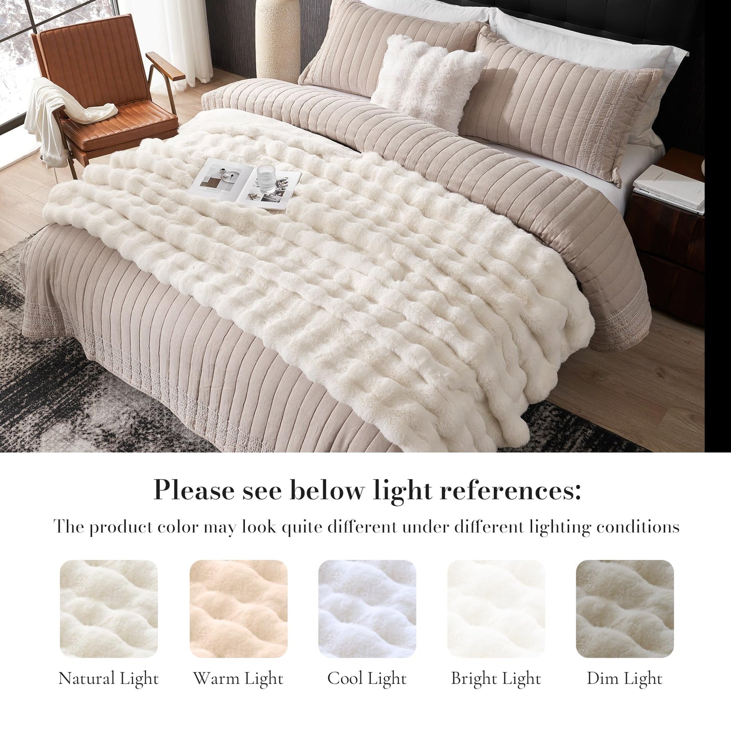 Amélie Home Faux Fur Throw Blanket for Couch, Ultra Soft Fuzzy Plush Bubble Throw for Sofa, Living Room & Home Decor, 50"x60", Cream White