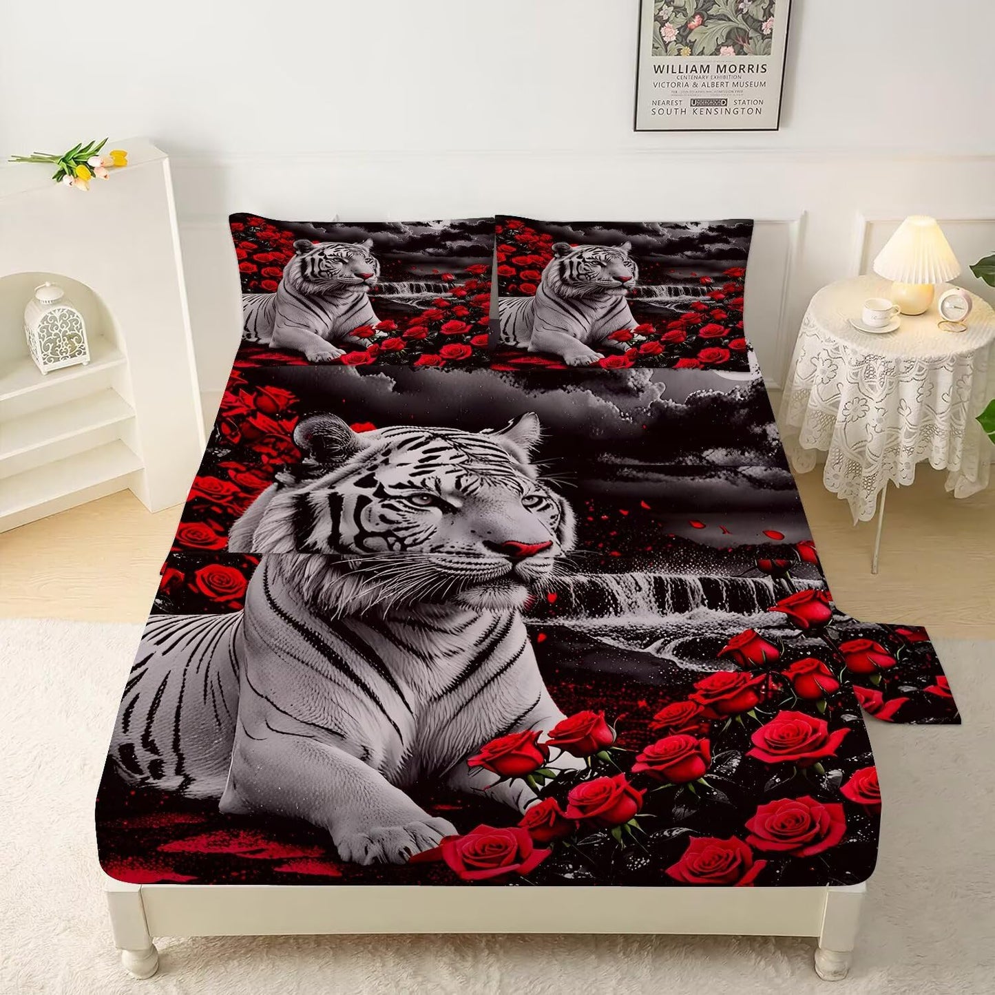 VTKON Rose Tiger Sheets Set Twin for Girls Boys Women and Men Red Black Animal Print Bedding Set 3D Tiger Bed Set with 1 Flat Sheet 1 Fitted Sheet and 1 Pillowcase