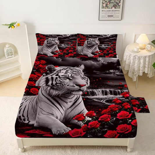 VTKON Rose Tiger Sheets Set Twin for Girls Boys Women and Men Red Black Animal Print Bedding Set 3D Tiger Bed Set with 1 Flat Sheet 1 Fitted Sheet and 1 Pillowcase