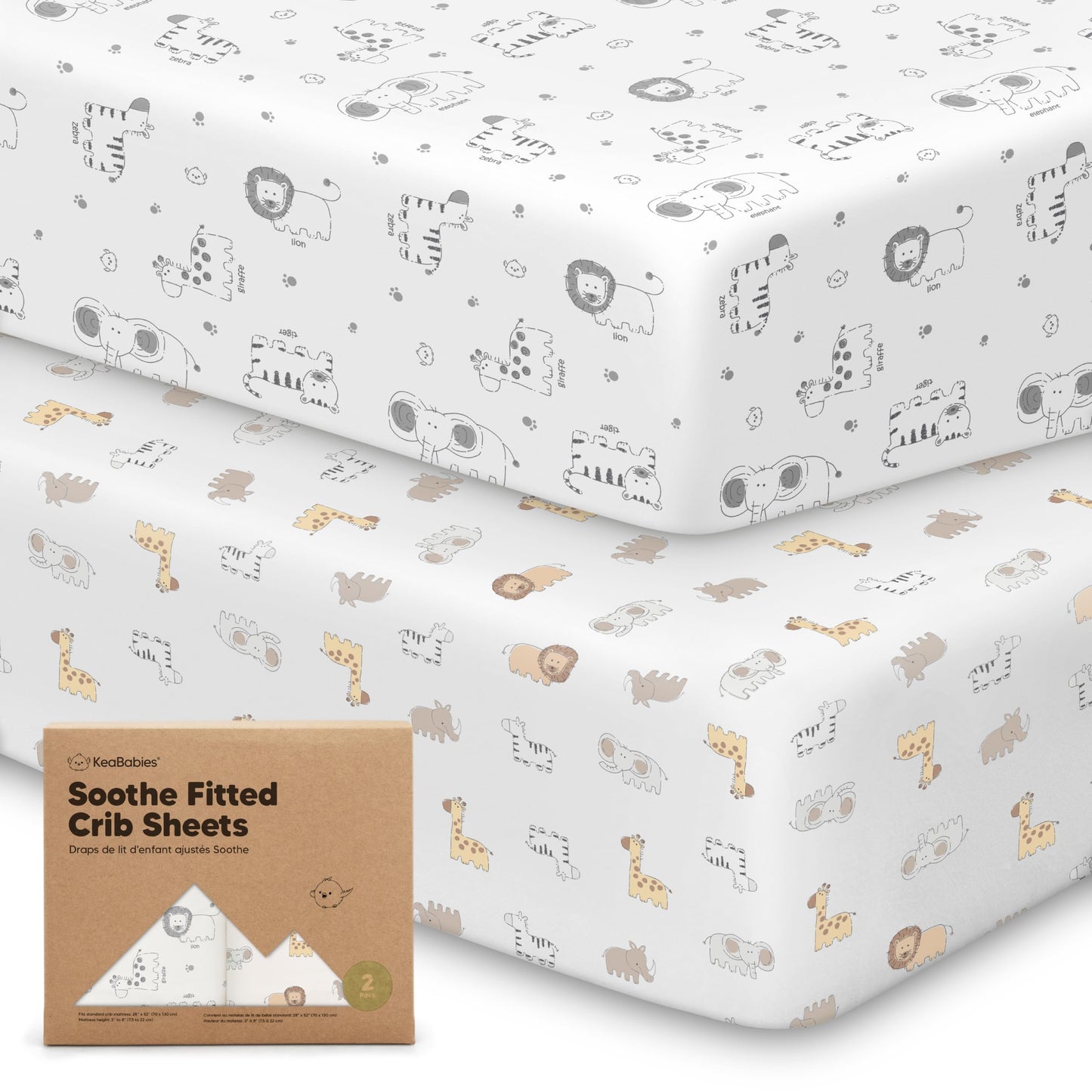 KeaBabies 2-Pack Organic Cotton Crib Sheets for Boys, Girls - 52x28 Fitted Crib Mattress Sheet Neutral, Breathable Cover for Baby Bed Set, Toddler Mattress, Soft & Cute Prints (KeaSafari)