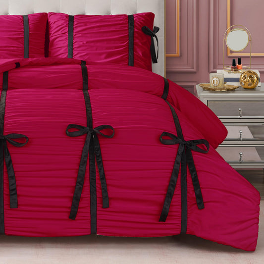 Juicy Couture Hot Pink Amelie Velvet Bows Ruched King Comforter Set - 3 Piece Stylish Bedding Ensemble