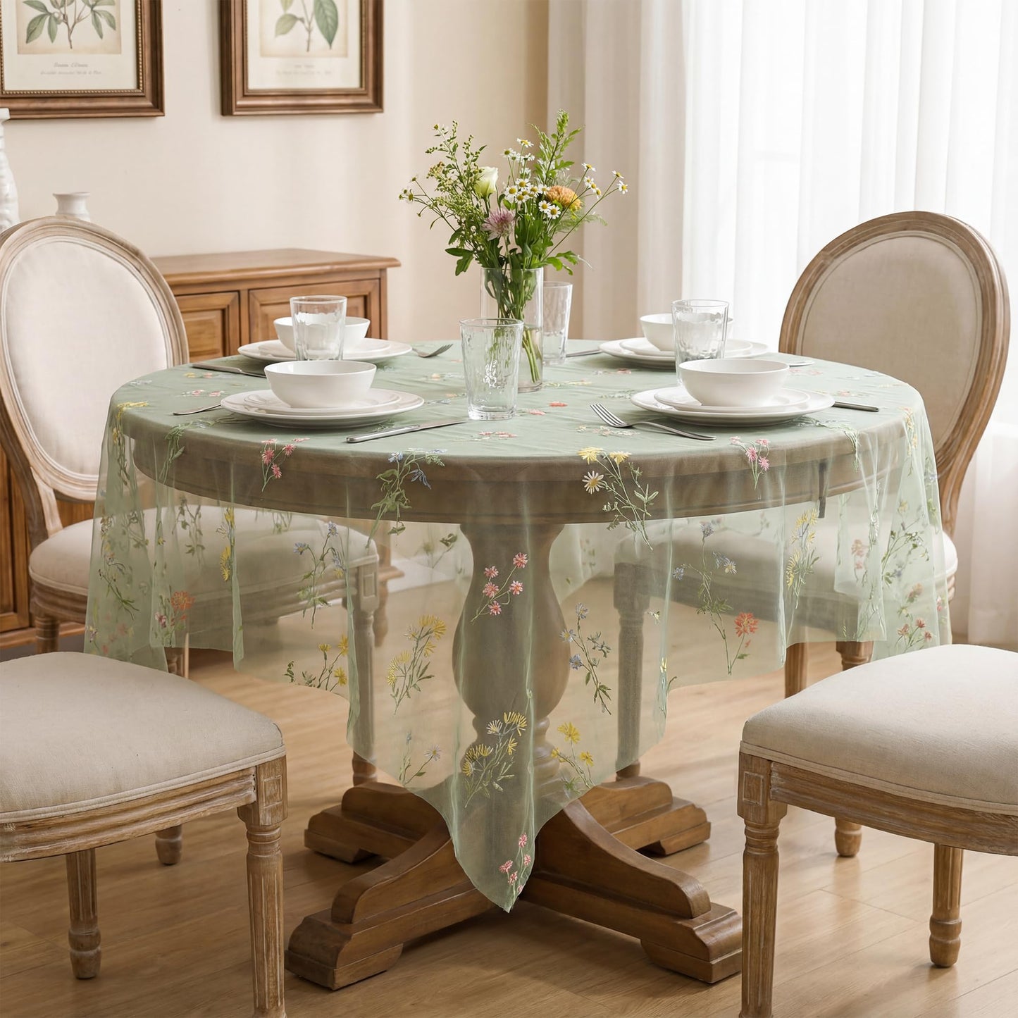 Horaldaily Embroidery Flower Plant Green Gauze Tablecloth 60×84 Inch Rectangular, Spring Summer Tulle Table Cover, Garden Party Decorations for DIY, Wedding, Party, Holiday Dining Decor