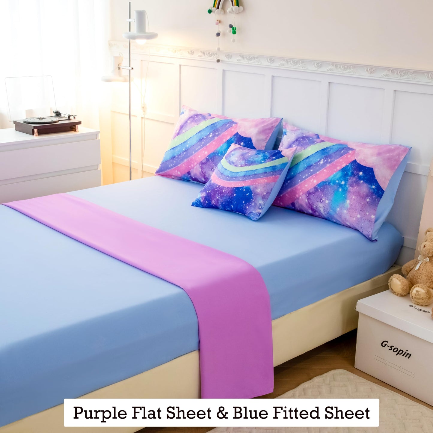 ANGIYUIN Rainbow Full Size Bedding Comforter Set for Girls Gradient Glitter Comforter Set 3D Tie Dye Blue Bedding Sets 6Pcs Soft Lightweight Girl Bed in A Bag for All Season