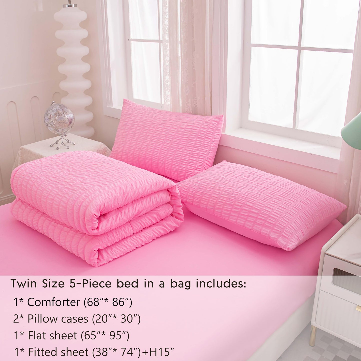 Yadangxiawa Twin Bed in a Bag Pink Seersucker Comforter Set 5-Pieces Microfiber Lightweight Comforter All Season Bedding Sets with Comforter,Flat Sheet,Fitted Sheet and Pillowcases