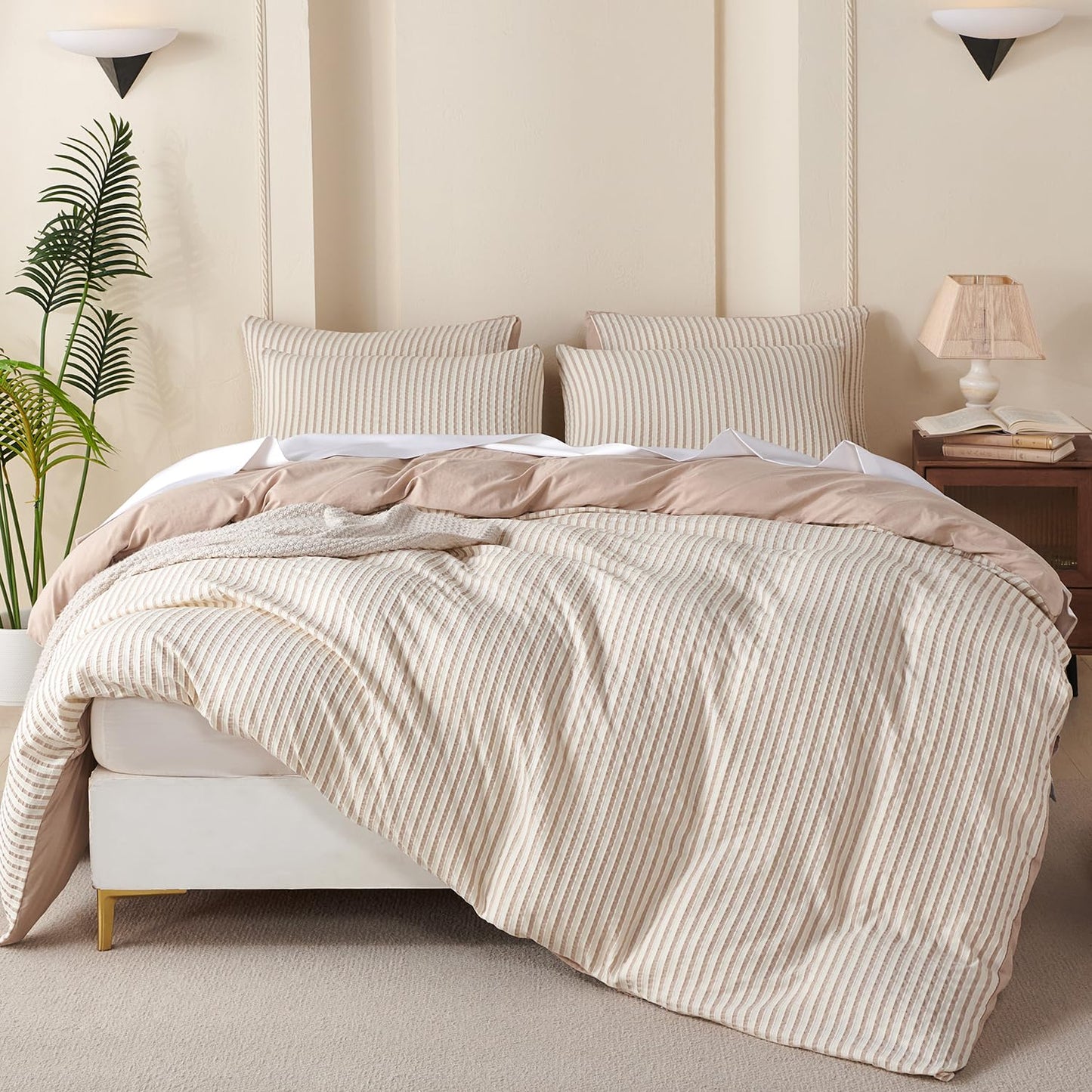 BUPIRD Queen Comforter Set Striped Beige 100% Soft Washed Microfiber Jacquard 3 Pieces Striped Bedding Sets Beige White Comforter for All Seasons and 2 Pillowcases Comfort Breathable