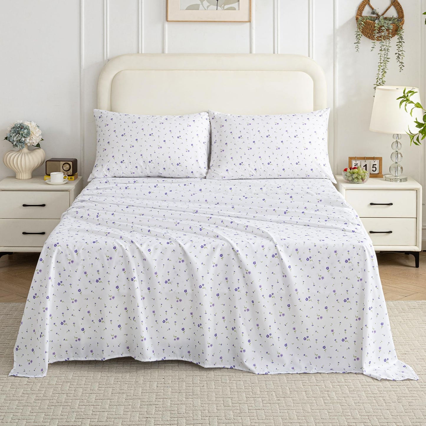Softan Floral Full Sheet Set Purple Flower Printed Bed Sheets Double, Cozy Microfiber Patterned Fitted Sheets with 15" Deep Pocket & Non-Slip Straps, Cute Purple Sheets and Pillowcase Set