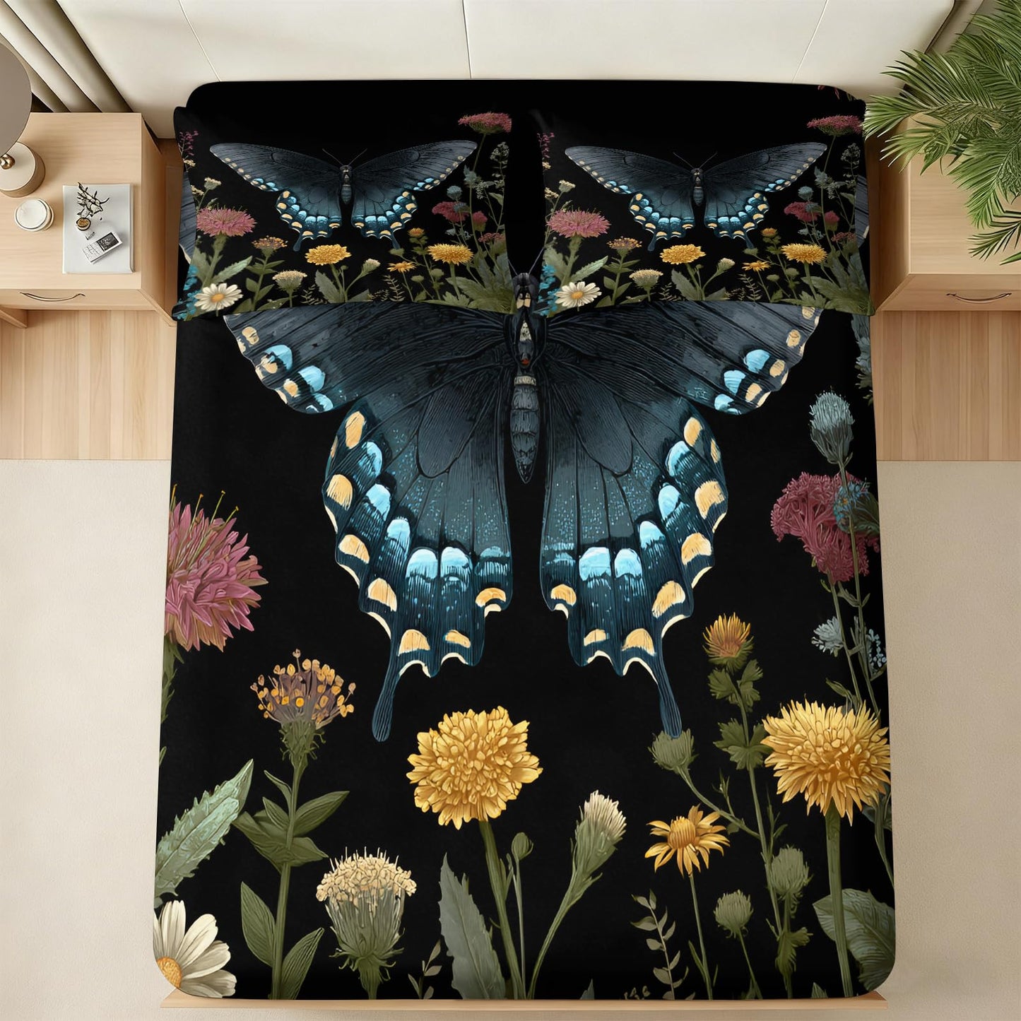 ZAOMIR Black Butterfly Sheets King for Women, Wildflower Botanical Dark Bed Sheet & Pillowcases Sets 4 Piece, Vintage Gothic Aesthetic Bedding Deep Pocket Fitted Sheet & Flat Sheet