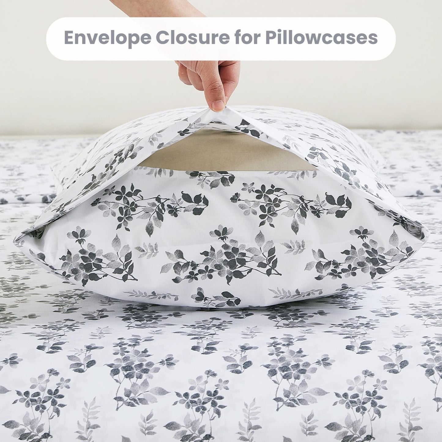 Mooreeke Cozy Vintage Microfiber Printed Full Sheet Set - Soft Breathable Percale Cotton Floral Bed Sheets with Deep Pocket - Non-Slip Fitted Design - Gradient Grey Small Flowers Pattern