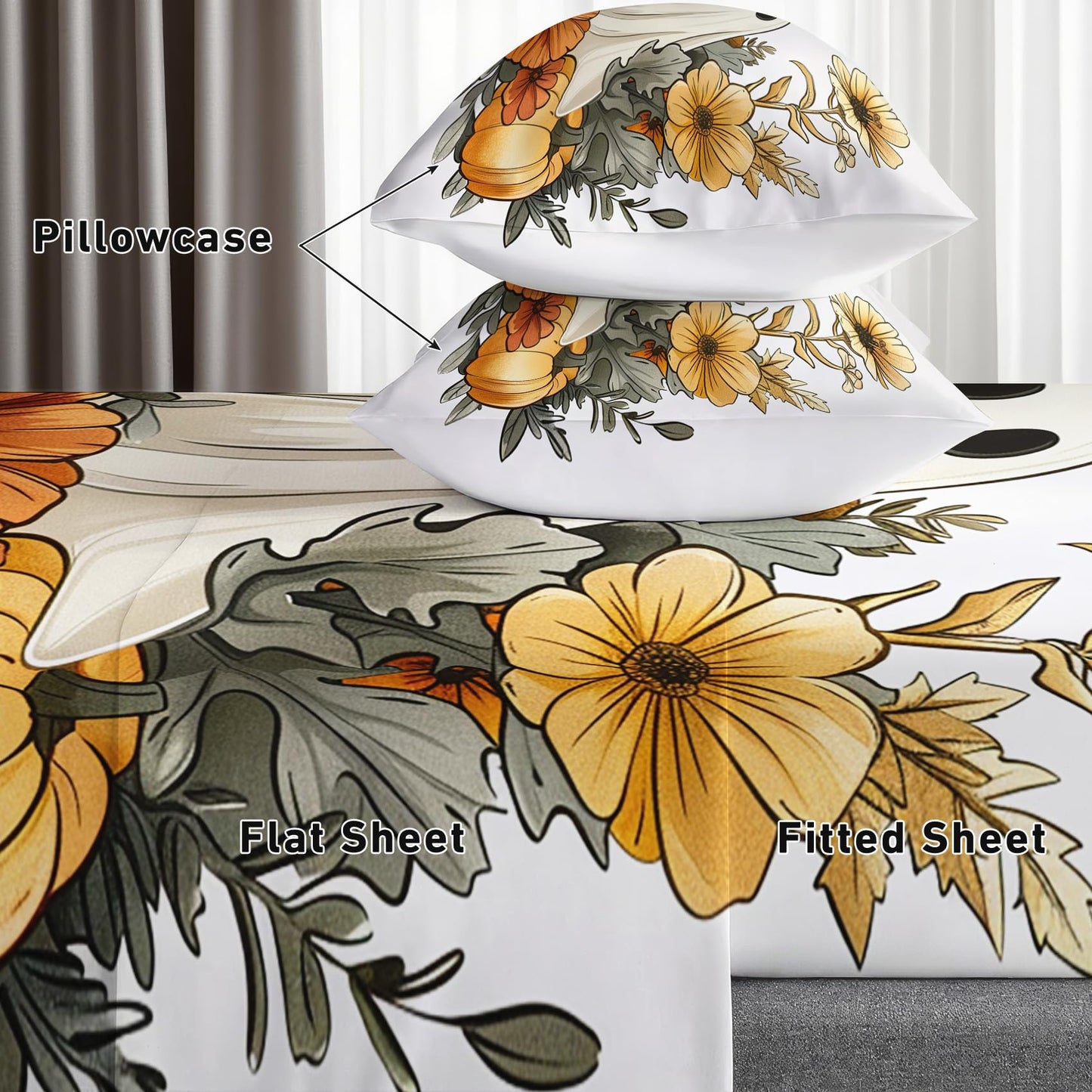 Halloween Sheets Twin Size - Autumn Ghost Pumpkin Bed Sheet Set - Deep Pocket Soft Microfiber Bedding Set 3 Piece - Fitted Flat Sheet Pillowcase - Halloween Bedroom Decor & Gifts