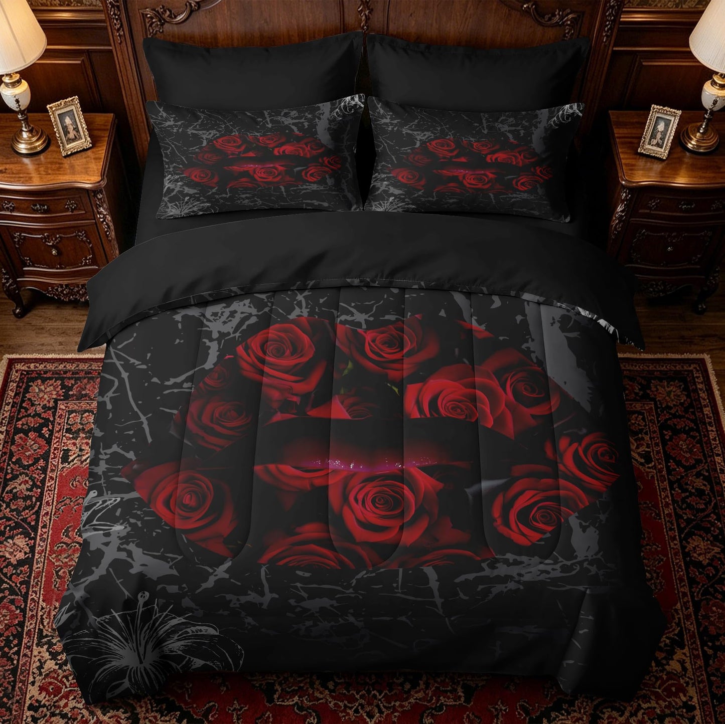 CCoutueChen Black Red Rose Lips Comforter Set Queen Size 3 Pieces, Gothic Floral Bedding Set, Dark Romantic Red Rose Print Comforter, Soft Microfiber All Season Bedroom Decor with 2 Pillow Shams
