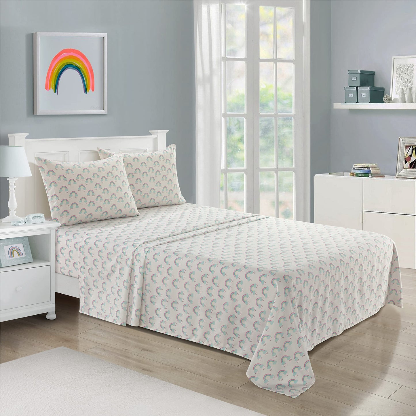 Heritage Kids 3 Piece Twin Sheet Set – Rainbow Print – Includes Flat Sheet, Fitted Sheet & Pillowcase – Soft Microfiber Bedding for Girls – Fits Standard Twin Bed