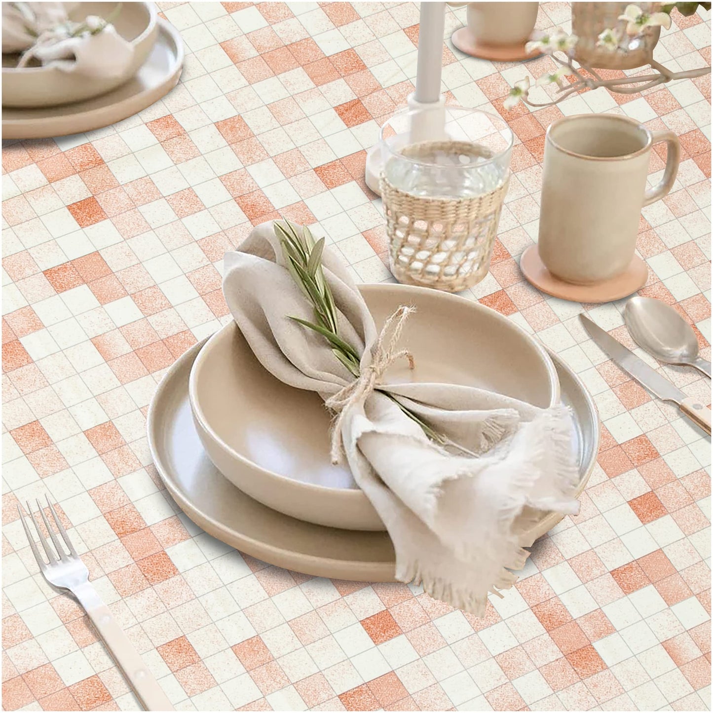 FIFTY FEET 70X52 Inch Rectangle Tablecloth, Vinyl Tablecloth with Flannel Backing Waterproof Table Cloth, Spill Proof Picnic Table Cover for Outdoor/Indoor/Camping/Dining(Beige Plaid)