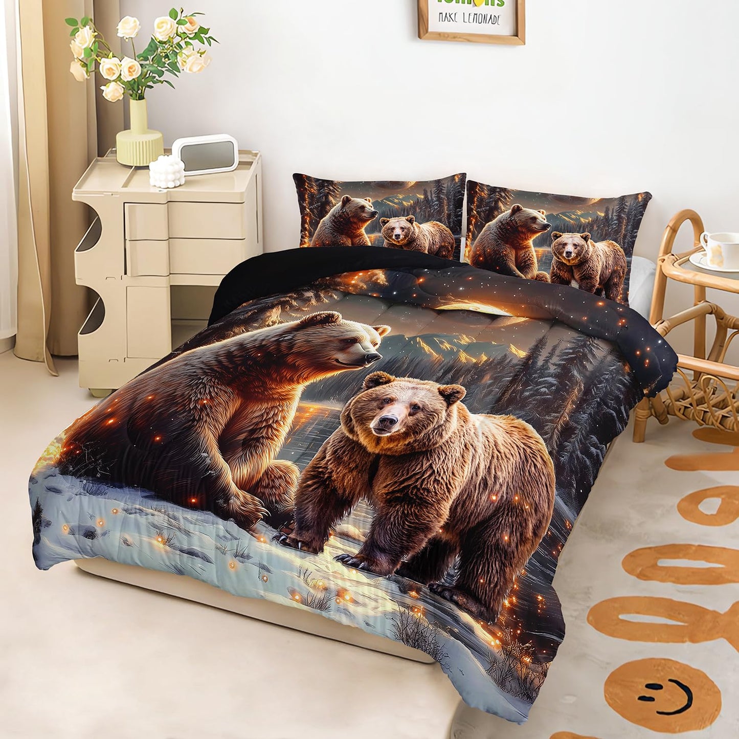 AILONEN Boys Rustic Bear Bedding Set Queen Size,Starry Brown Bear Comforter with 2 Pillowcases,3-Piece Snow Animal Soft Duvet Set