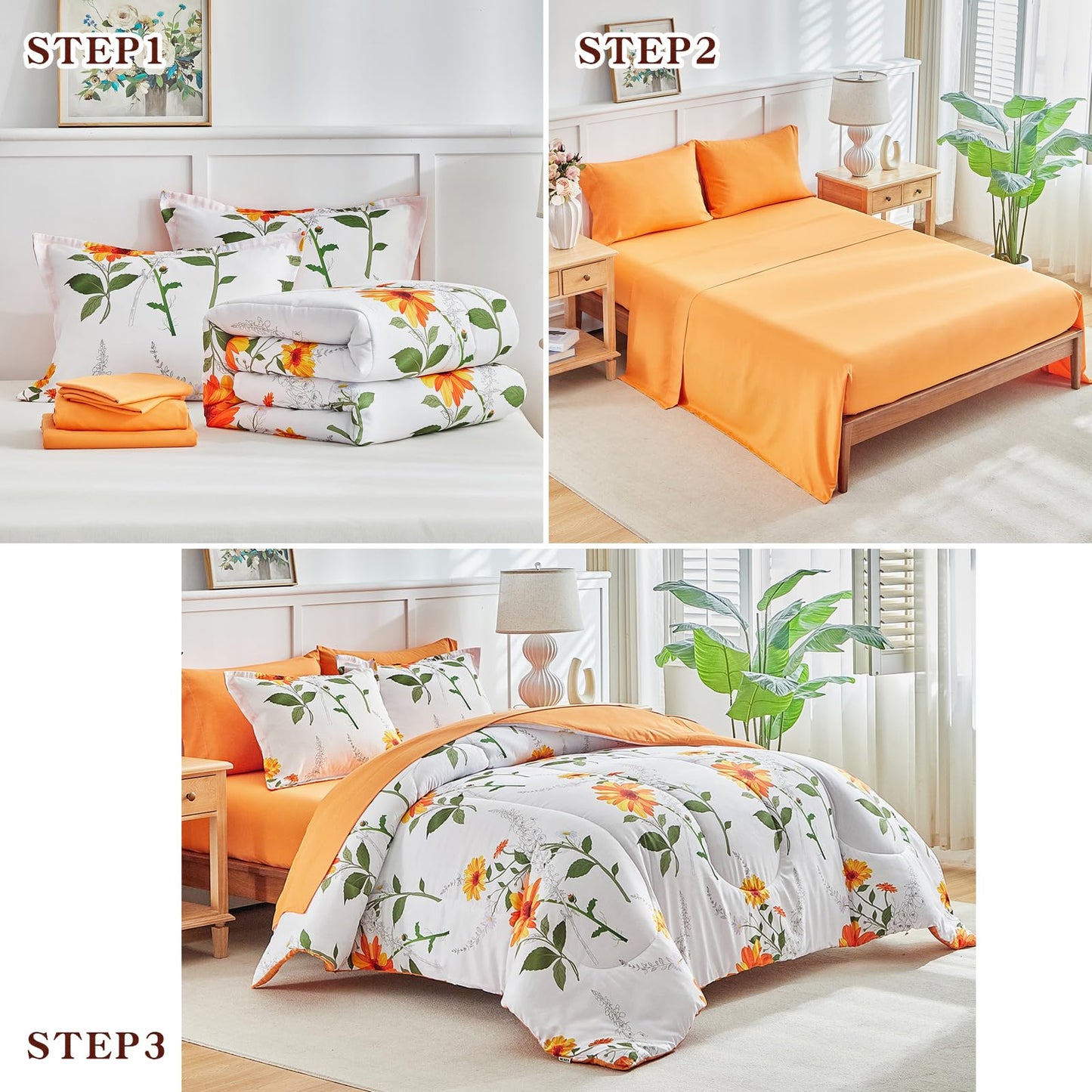 Joyreap 6 Piece Bed in a Bag Twin, Floral Comforter Sheet Set, Orange n Yellow Flowers on White Design, All Season Microfiber Bedding Comforter Set